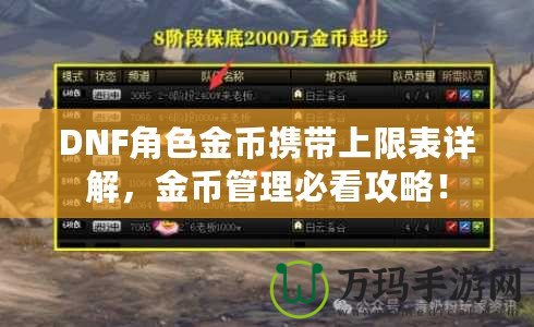 DNF角色金幣攜帶上限表詳解，金幣管理必看攻略！