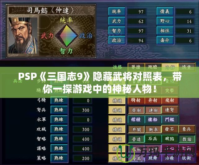 PSP《三國志9》隱藏武將對照表，帶你一探游戲中的神秘人物！