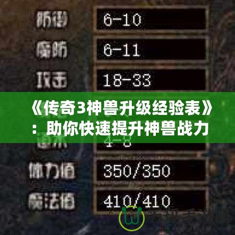 《傳奇3神獸升級經驗表》：助你快速提升神獸戰(zhàn)力，征戰(zhàn)沙場！